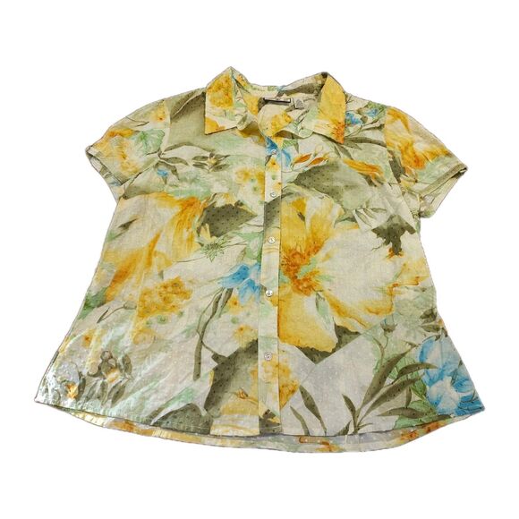 Caribbean Joe Women's XL Cotton Butter Yellow Tropical Print Swiss Dot Blouse - Picture 1 of 7
